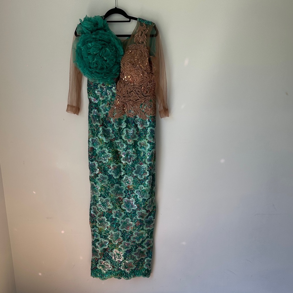 Elegant Green and Gold Floral Gown